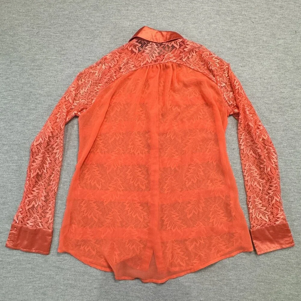 BKE Boutique Sheer Blouse Womens Sz Medium Stripe Lace Long Sleeve Coral Orange - Picture 4 of 15